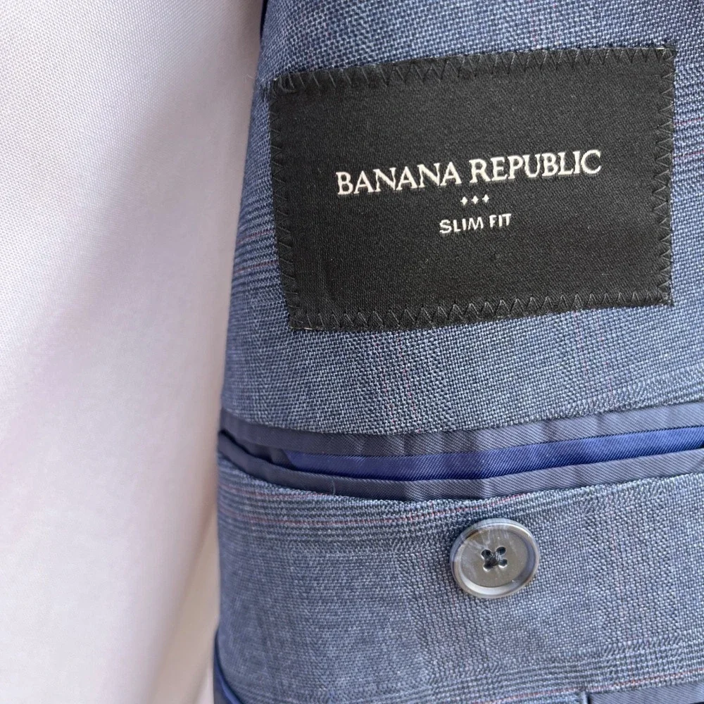 New Banana Republic Blazer Men 44R Blue Slim Fit Glen Plaid Suit Jacket Stretch